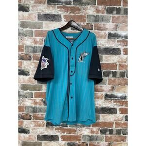 Vintage 90s MLB Florida Marlins Starter Pinstripe Teal Full Button Jersey Sz L